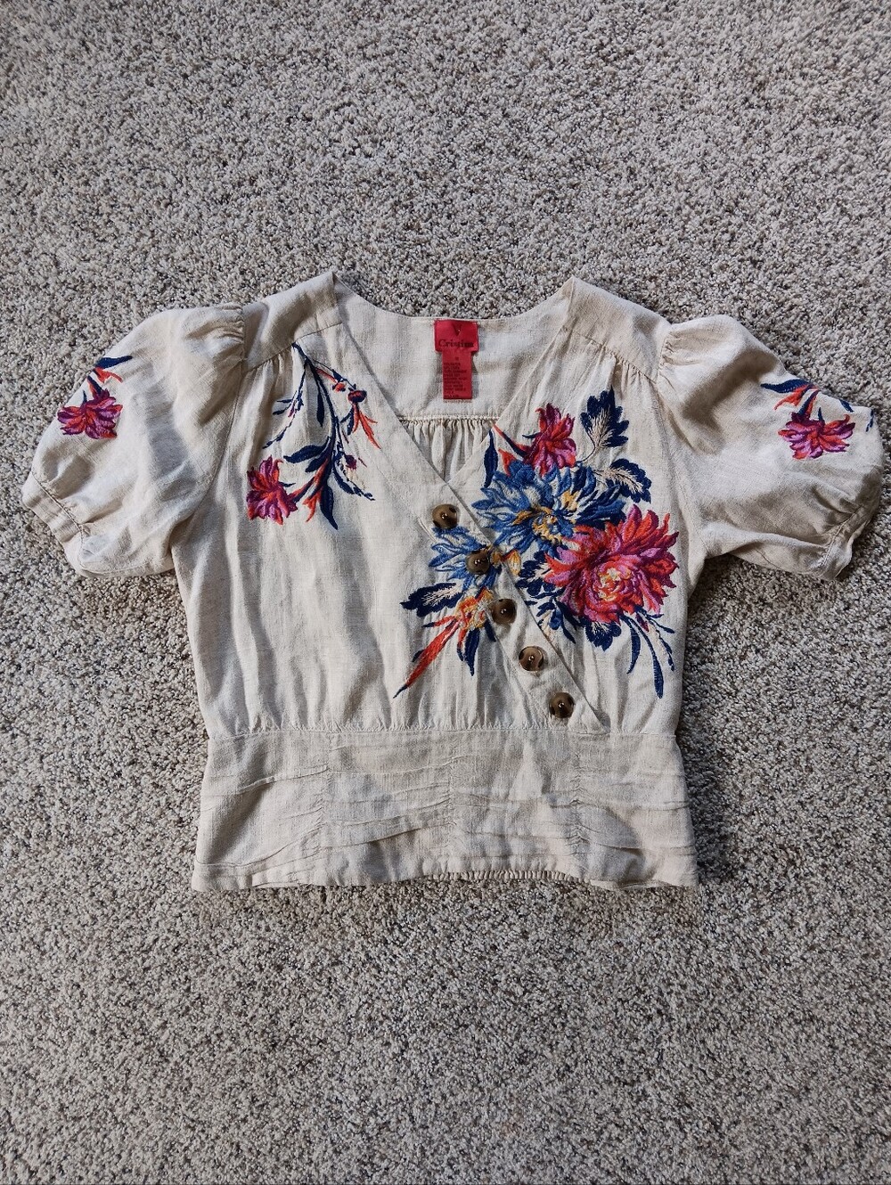 V Cristina Linen Blend Floral Embroidered V Neck Blouse Top Medium